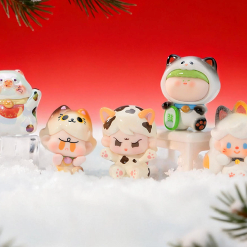 Set of cute animal figurines on a red background with snow and tree branches.