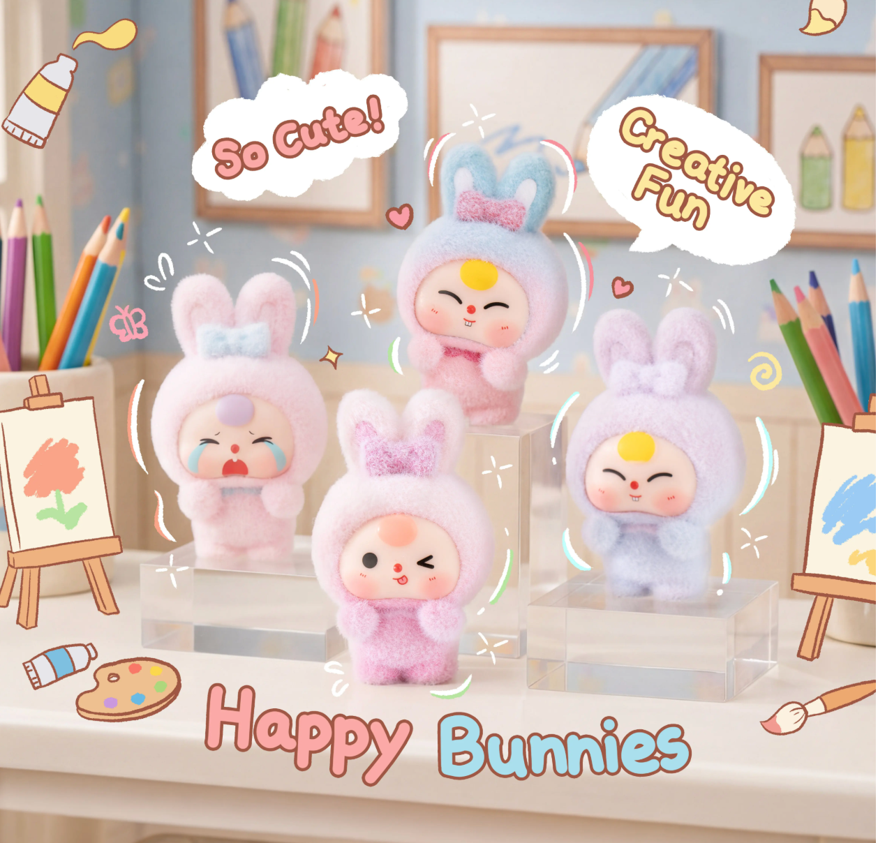 Four cute bunny figurines with speech bubbles and 'Happy Bunnies' text in a colorful setting.