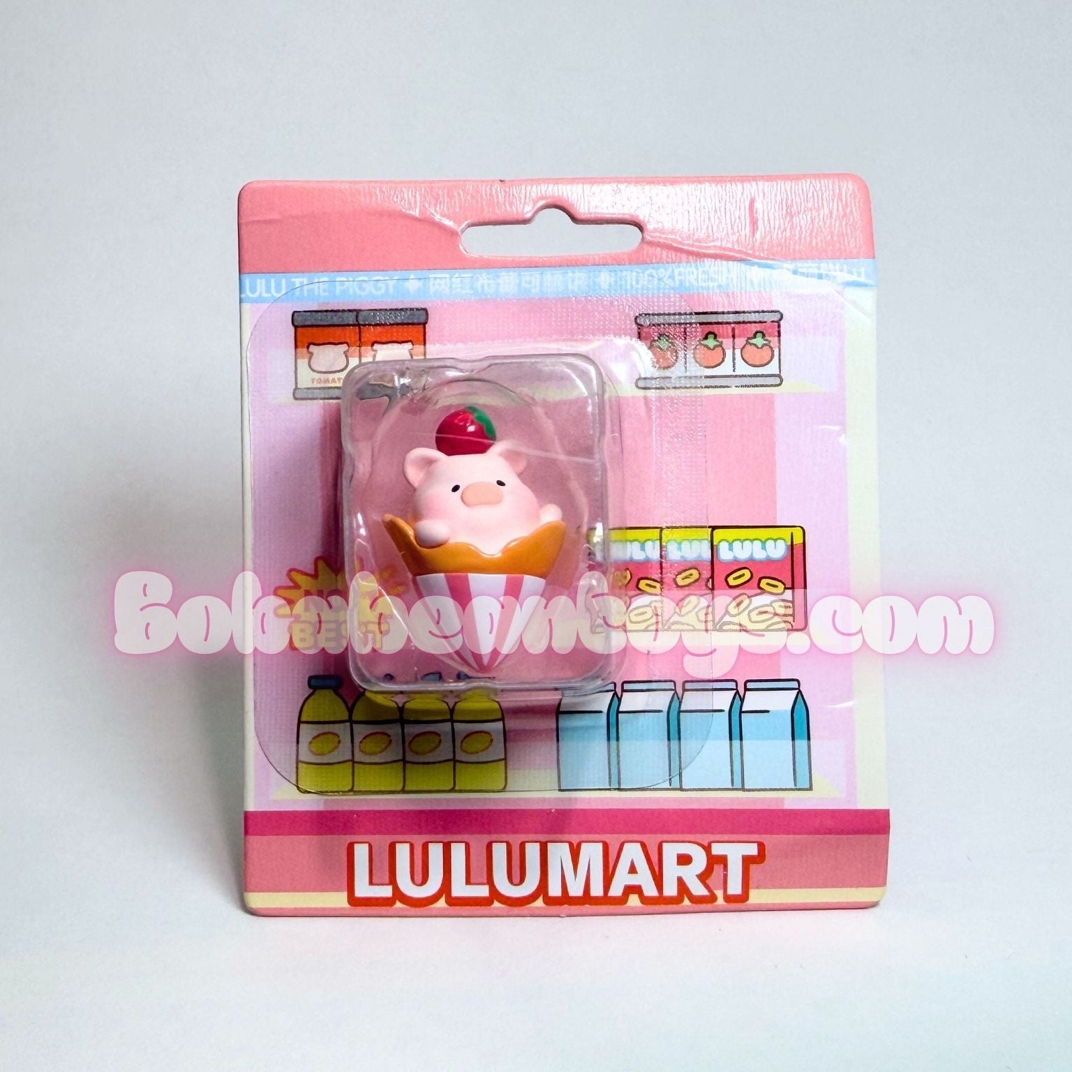 Pink packaging with a cartoon pig character and 'Lulumart' branding on a light gray background.