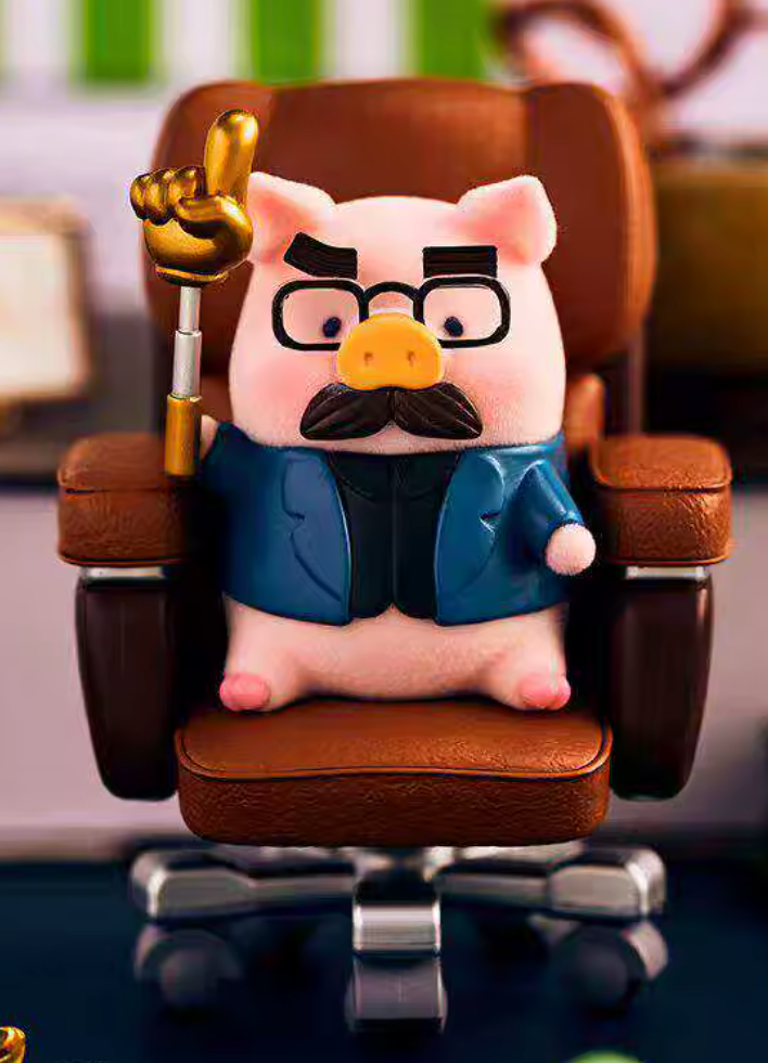 Plush toy resembling a pig with glasses and a mustache, sitting on a leather office chair.