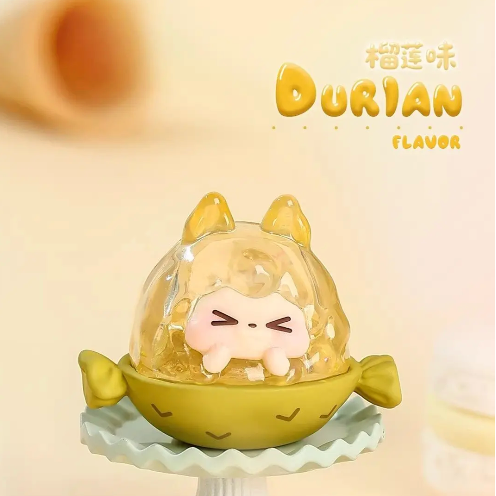 Cartoon character in a durian fruit costume with a soft focus background