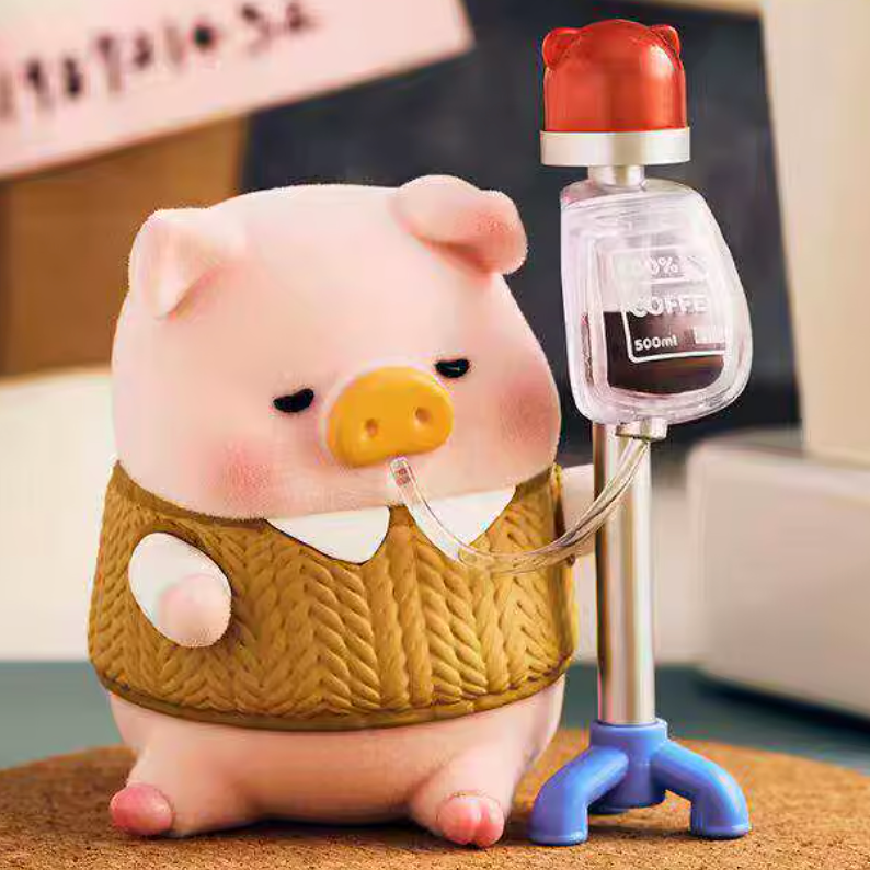 Cute pig drinking coffee from an IV with a brown sweater on a cork coaster.