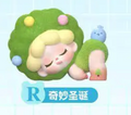Cartoon character with green hair and outfit on a light blue background