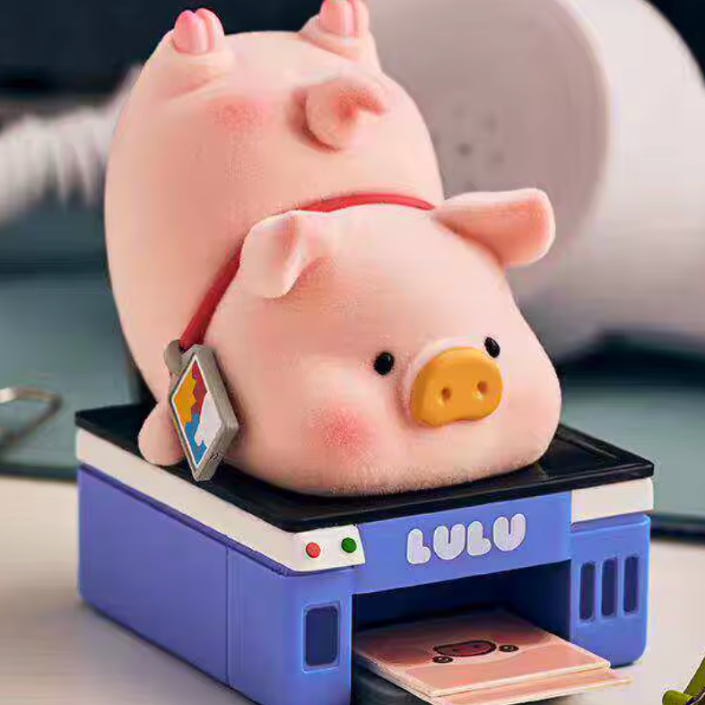 Cute pink pig toy  photocopying himself on a photocopier featuring the brand 'LULU'.