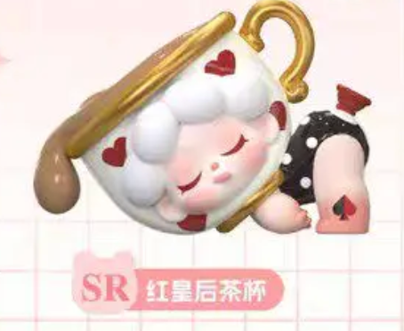 Toy figure of a character in a teacup with hearts, labeled 'SR' and 'Red Queen Teacup'.