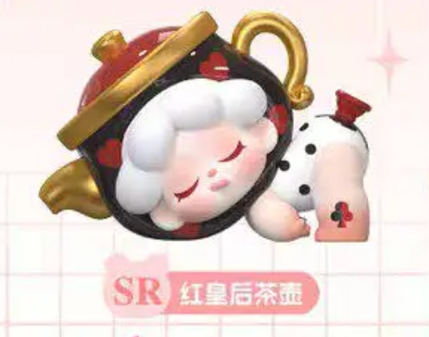 Toy figure of a character in a teapot with 'SR' and text on a grid background