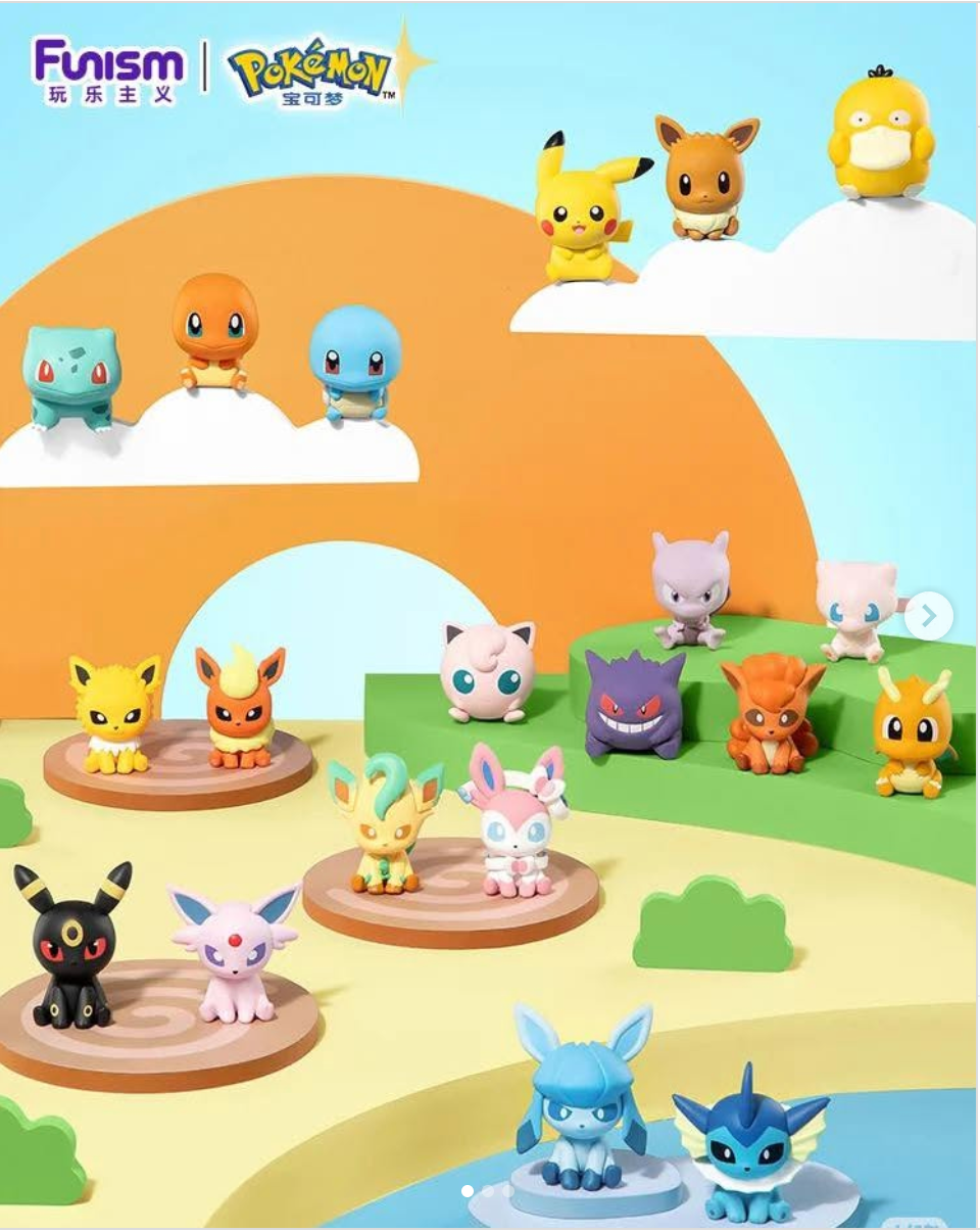 A collection of Pokémon Fuminism collectible figurines displayed on a stylized pastel landscape backdrop with clouds, hills, and water. Multiple small character figures are arranged on circular wooden platforms and floating elevated spots against a bright blue sky background.