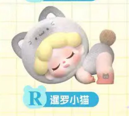 Cartoon cat figurine with blonde hair on a checkered background