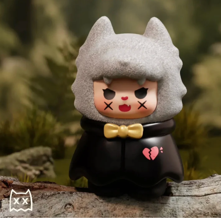 Toy figure with wolf-like head and black outfit on a log with 'XXFU NIGHT STORIES' text above.